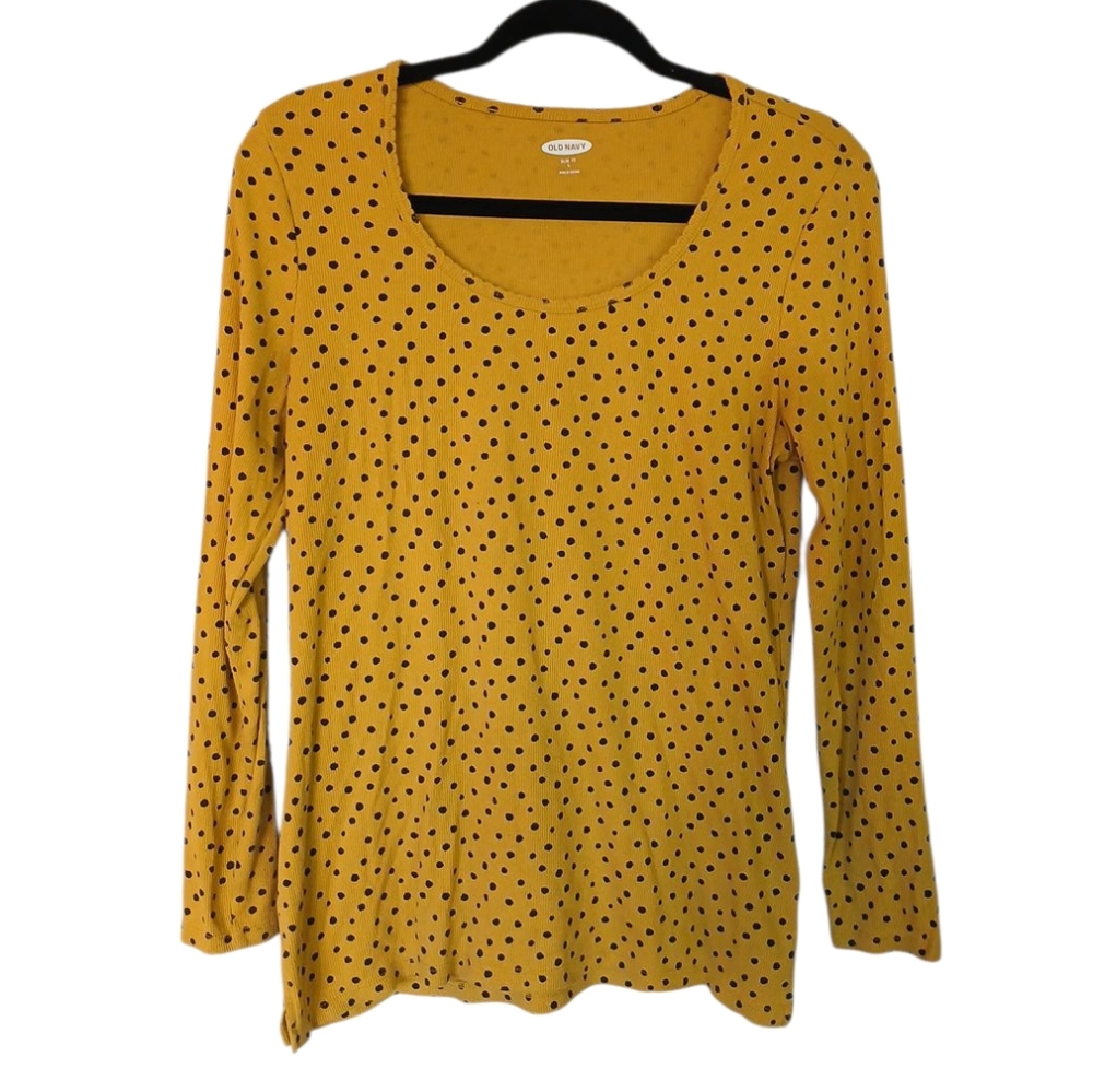 Old Navy Mustard Yellow Black Polka Dot Slim Fit Ribbed Long Sleeve Tee Large